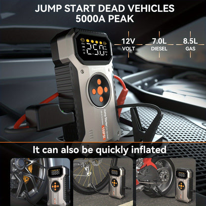 Démarreur de voiture 5000A avec compresseur d'air 150 PSI – Batterie de secours portable 12000 mAh, gonfleur de pneu numérique, USB-C et USB-A, lampe de secours LED pour moteurs essence et diesel 12V