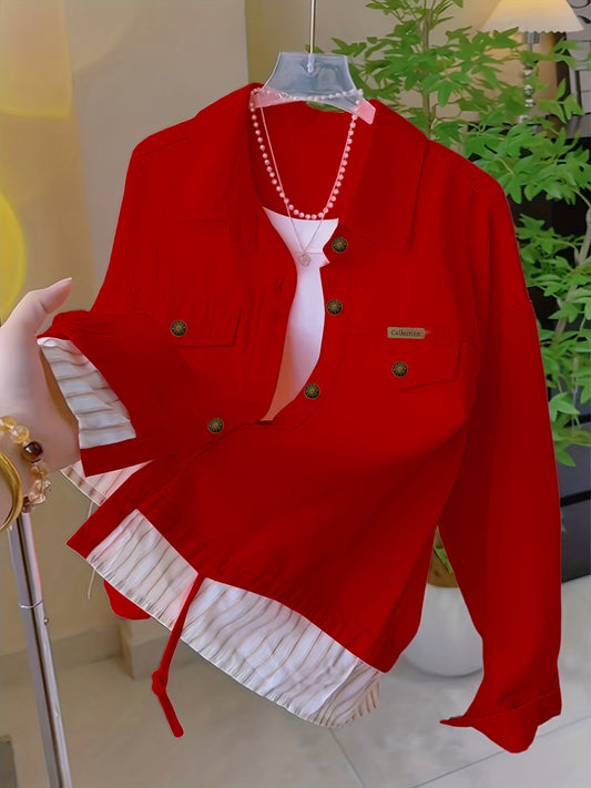 Haut à patchwork rayé pour femme, chemisier chic en tissu à col à revers, chemise tendance printemps-automne, rouge jaune noir, S-XXL