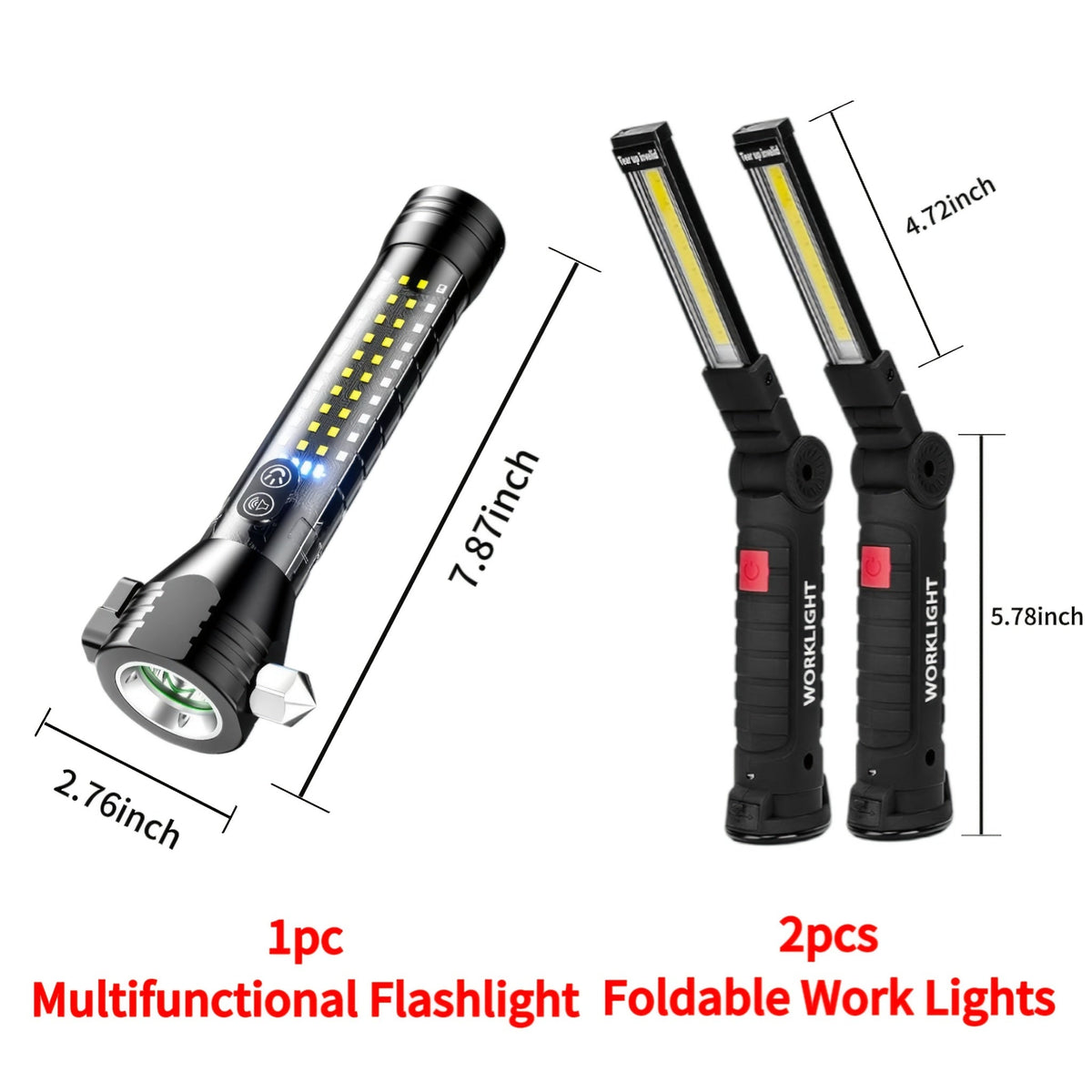 Lampe de travail LED COB rechargeable avec base magnétique – Lampe de poche portable de camping 1000 lumens, 5 modes, USB-C, lampe suspendue pour garage, jardin, urgence et extérieur, lot de 2/3/4