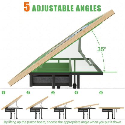 Table à puzzle en bois avec pieds, 6 tiroirs et 4 roulettes - Plateau inclinable à 5 degrés, hauteur réglable, multifonction pour puzzles, échecs et lecture, cadeau de décoration intérieure (35x26" pour 1500 pièces ou 41x30" pour 2000 pièces)