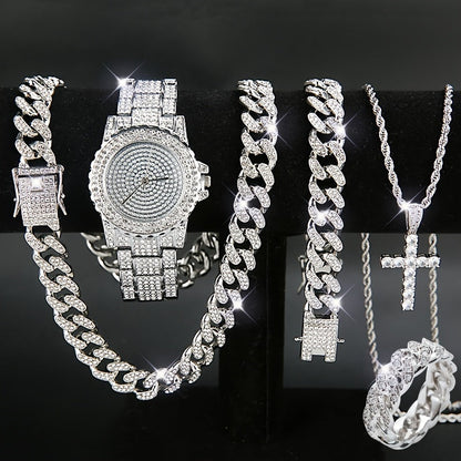 Ensemble de 5 pièces de luxe pour montre et bijoux – Pour hommes et femmes – Montre à quartz, collier à maillons cubains, bracelet, bague et pendentif croix, cadeau de Noël idéal, en or et argent