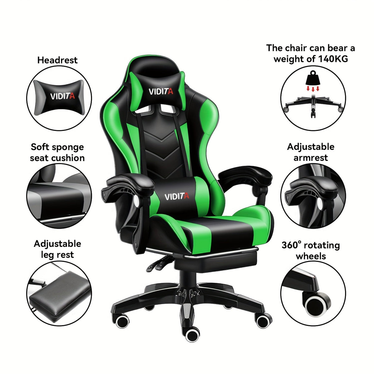 Chaise de jeu ergonomique à dossier haut style course avec repose-pieds et soutien lombaire – Chaise de bureau pivotante inclinable réglable, 8 couleurs