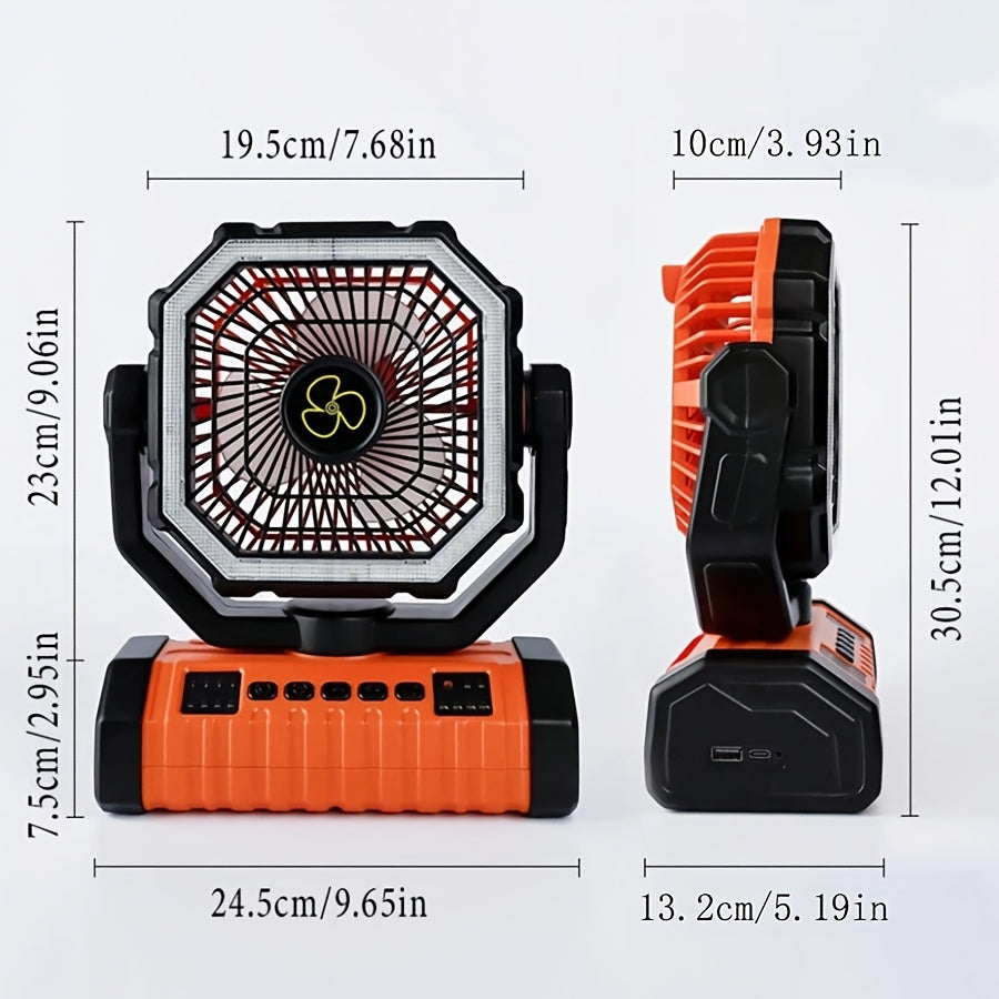 Ventilateur de camping rechargeable 20000 mAh avec éclairage LED intégré, crochet de tente, chargement USB, ventilateur de refroidissement portable sur batterie pour camping, randonnée, pannes de courant, chantiers de construction, modèle orange amélioré