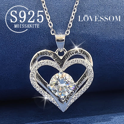 Collier cœur en argent 925 avec moissanite de 1 carat pour femme – Pendentif en forme de cœur à l'éclat brillant, style classique et élégant pour les fêtes, les vacances et les occasions festives, cadeau exquis pour un anniversaire ou Noël