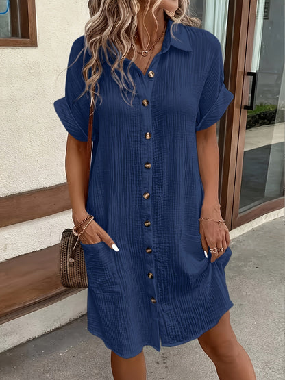 Robe chemise boutonnée unie pour femme – Robe tunique rétro décontractée à revers respirante pour un usage quotidien en toute saison