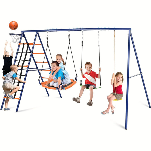 Balançoire d'extérieur 6-en-1 pour enfants, portique en A robuste de 250 kg avec sièges réglables et ancrages au sol - Structure d'escalade convertible, barre de trapèze et accessoires multiples pour enfants de 3 à 12 ans