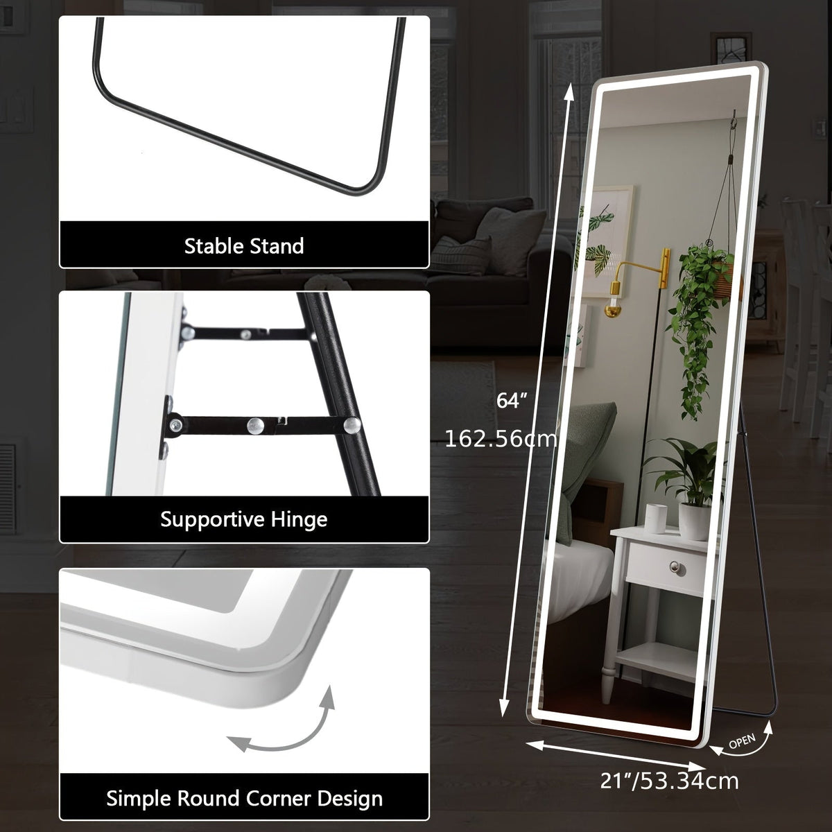 Miroir sur pied pleine longueur avec lumières LED - Sommet arqué et rectangulaire, cadre en aluminium, miroir habillage sur pied de 180 cm pour chambre et salon, noir or blanc, verre trempé de 5 mm