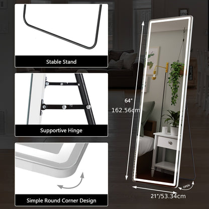 Miroir sur pied pleine longueur avec lumières LED - Sommet arqué et rectangulaire, cadre en aluminium, miroir habillage sur pied de 180 cm pour chambre et salon, noir or blanc, verre trempé de 5 mm