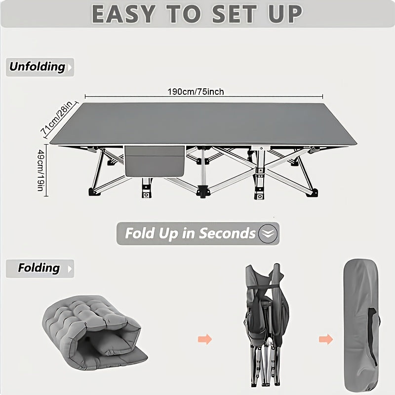 Lit de camp pliant portatif pour adultes - Tissu Oxford double épaisseur, très résistant 225/270/320 kg, lit de camping extérieur pliable avec sac de transport pour la plage, la sieste, les voyages, noir et gris