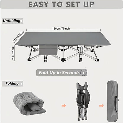 Lit de camp pliant portatif pour adultes - Tissu Oxford double épaisseur, très résistant 225/270/320 kg, lit de camping extérieur pliable avec sac de transport pour la plage, la sieste, les voyages, noir et gris