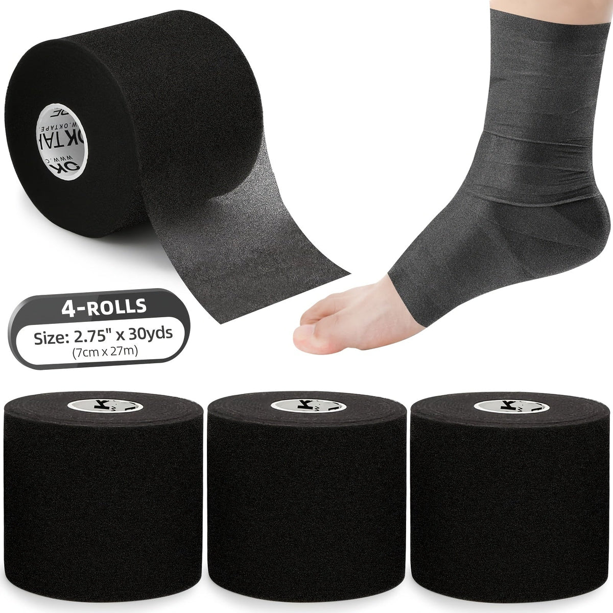 Bande de mousse protectrice (sous-bandage) OK TAPE pour le sport, 4 rouleaux - Protection pour chevilles, poignets, mains et genoux, 7 cm x 27,5 m par rouleau