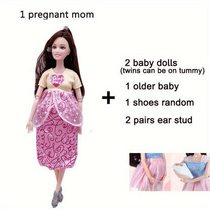 Poupée mannequin enceinte de 30 cm avec articulations mobiles, maman poupée avec 2 bébés, poupée aînée, boucles d'oreilles, chaussures, robe moderne, poupée princesse, jouet éducatif pour filles de 3 ans et plus