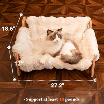 Canapé-lit surélevé pour animaux, fauteuil de repos pour chien et chat en bois massif avec tapis en bambou, meuble moderne pour petits et moyens chiens et chats, robuste et élégant, gris et blanc