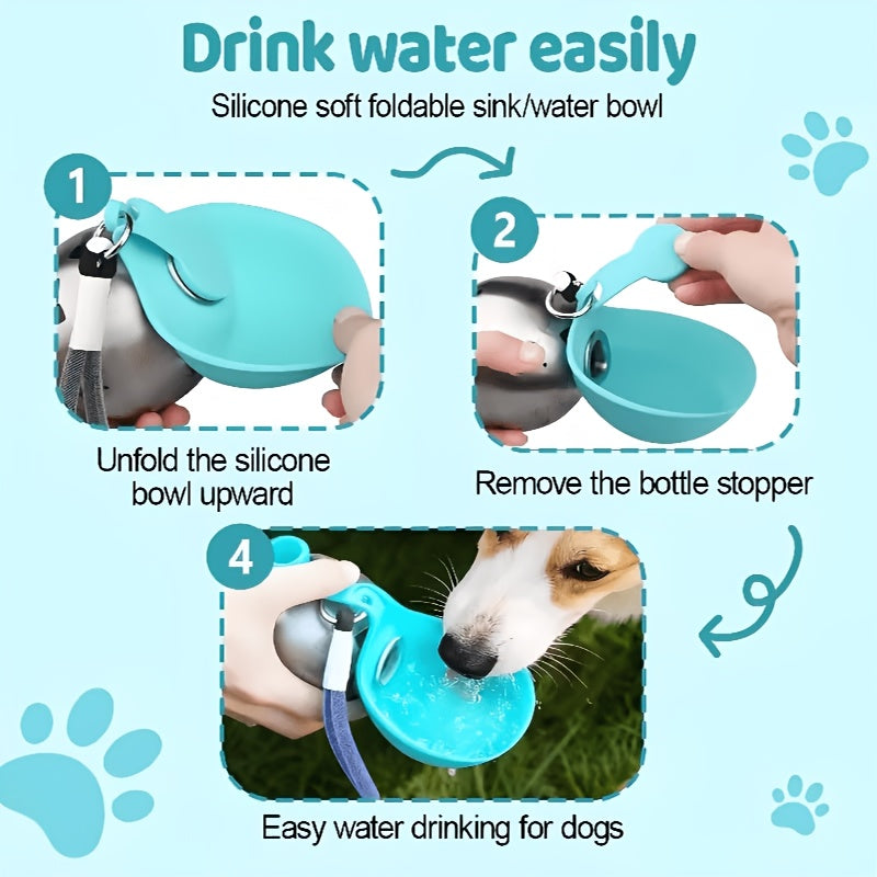 Gourde de voyage en acier inoxydable pour animaux – Bouteille étanche de 285 ml pour chiens et chats avec écuelle pliable pour la randonnée, la marche et le camping, acier 304, bleu et rose