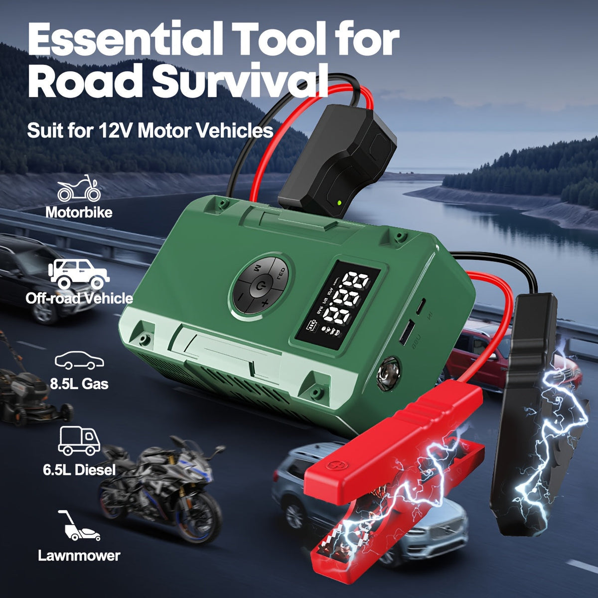 Démarreur de batterie 10000A 7-en-1 avec compresseur d'air 150PSI – Booster de batterie portable pour moteurs essence et diesel, pompe haute pression, kit d'urgence pour véhicule, batterie externe