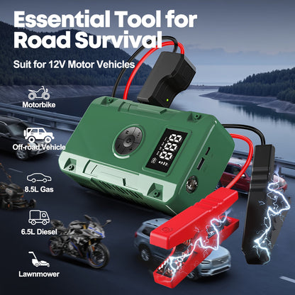 Démarreur de batterie 10000A 7-en-1 avec compresseur d'air 150PSI – Booster de batterie portable pour moteurs essence et diesel, pompe haute pression, kit d'urgence pour véhicule, batterie externe