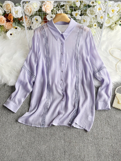 Women's Lace Patchwork Button-Up Long Sleeve Shirt Elegant Semi-Sheer Blouse White XS S M L XL XXL Vacation Date Office Fashion Top