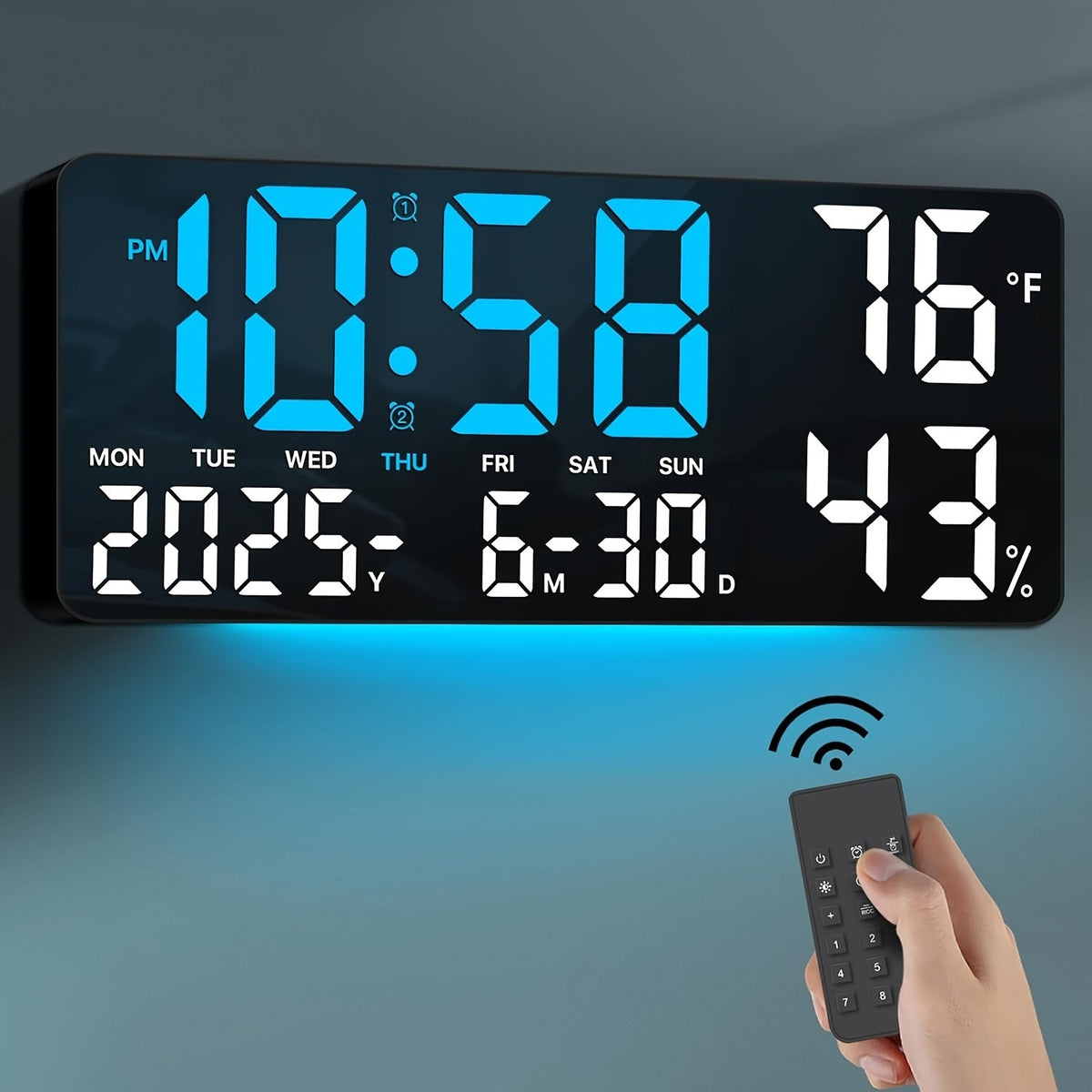 Réveil LED à grand écran avec télécommande à atténuation automatique – Horloge numérique de 15 pouces affichant l'heure, la date, le jour de la semaine, la température et l'humidité – Horloge de chevet pour seniors, salon, bureau