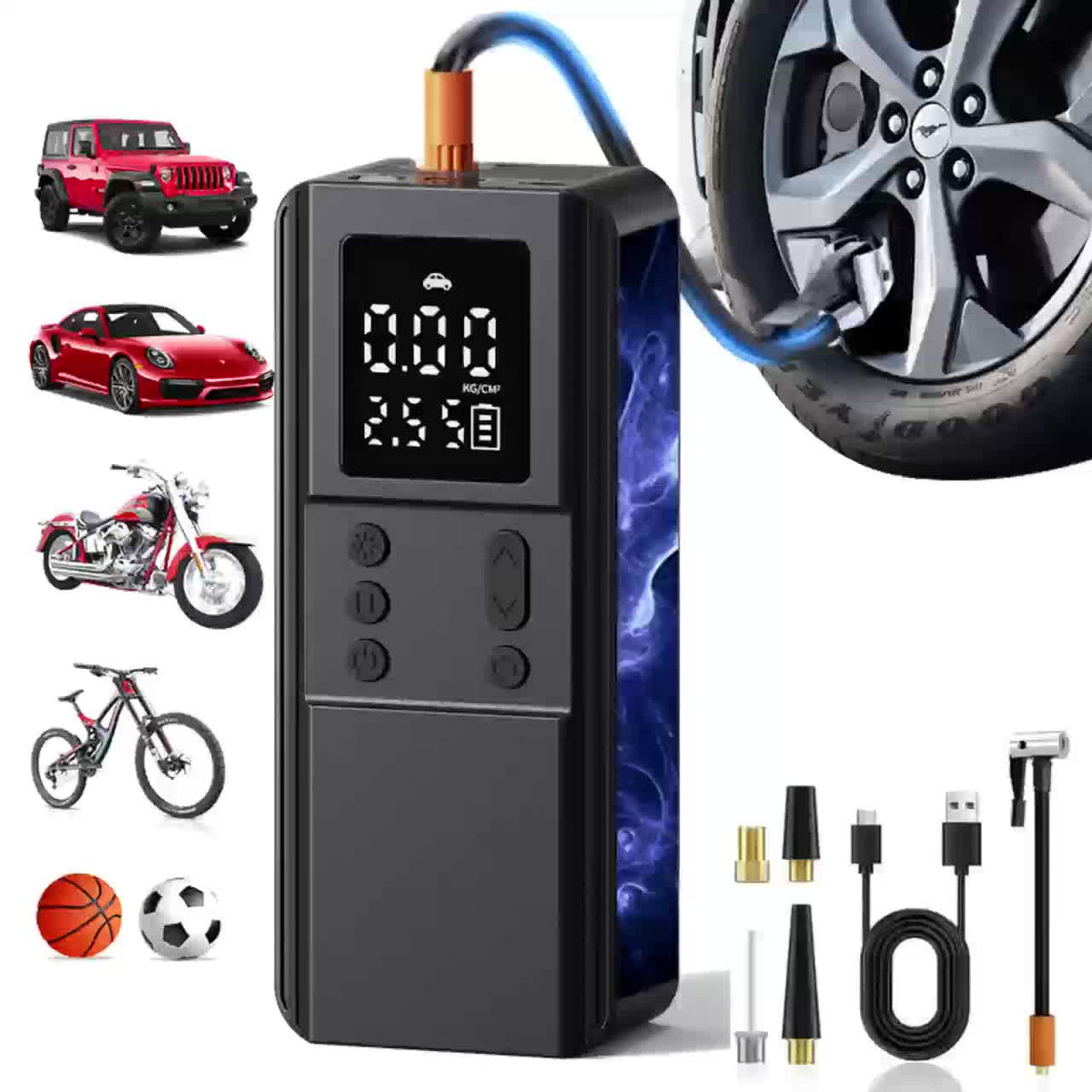 Compresseur d'air portable pour pneus de voiture, vélo, moto et ballons, manomètre numérique, arrêt automatique, versions USB et allume-cigare disponibles