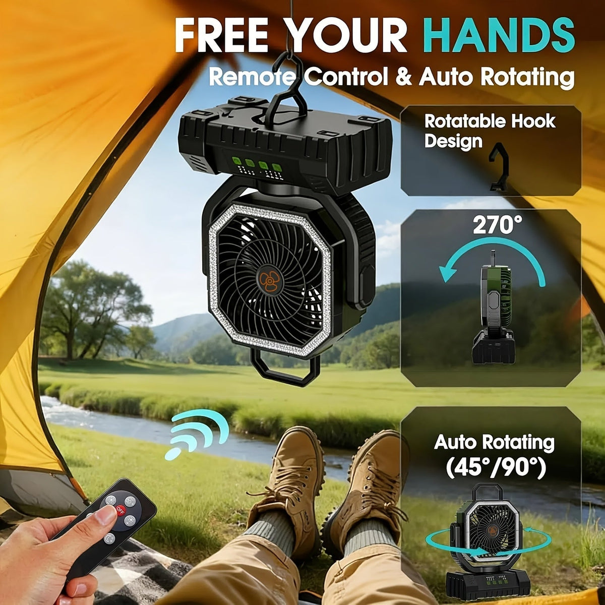 Ventilateur de camping 20000mAh avec télécommande, éclairage LED, oscillation, 4 vitesses, minuterie et batterie externe - Ventilateur de tente rechargeable pour le camping, le pique-nique, le barbecue et la pêche en plein air