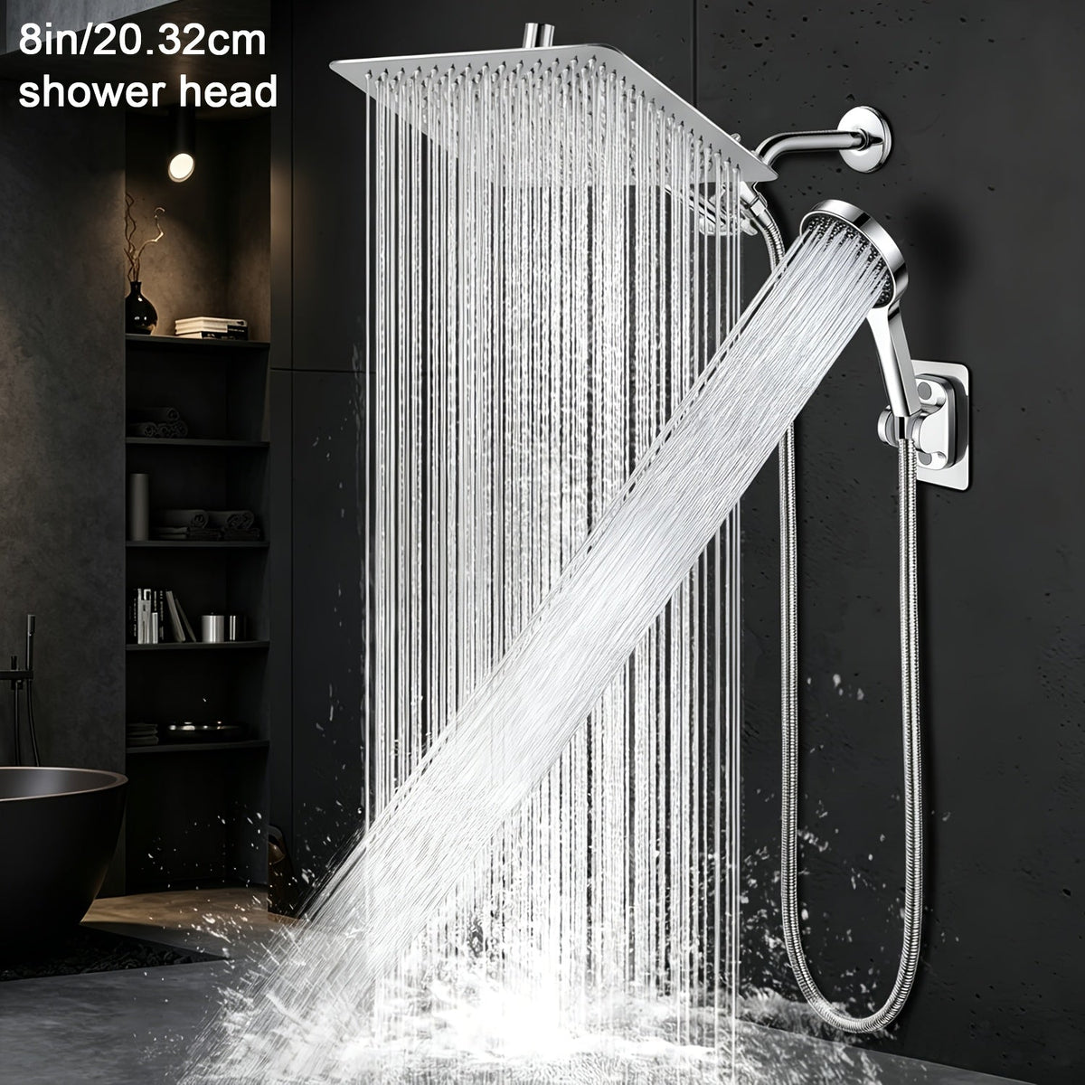 Combiné douche de tête haute pression et douchette à main, bras d'extension de 11 pouces, 9 réglages, anti-fuite, hauteur réglable, chrome noir mat