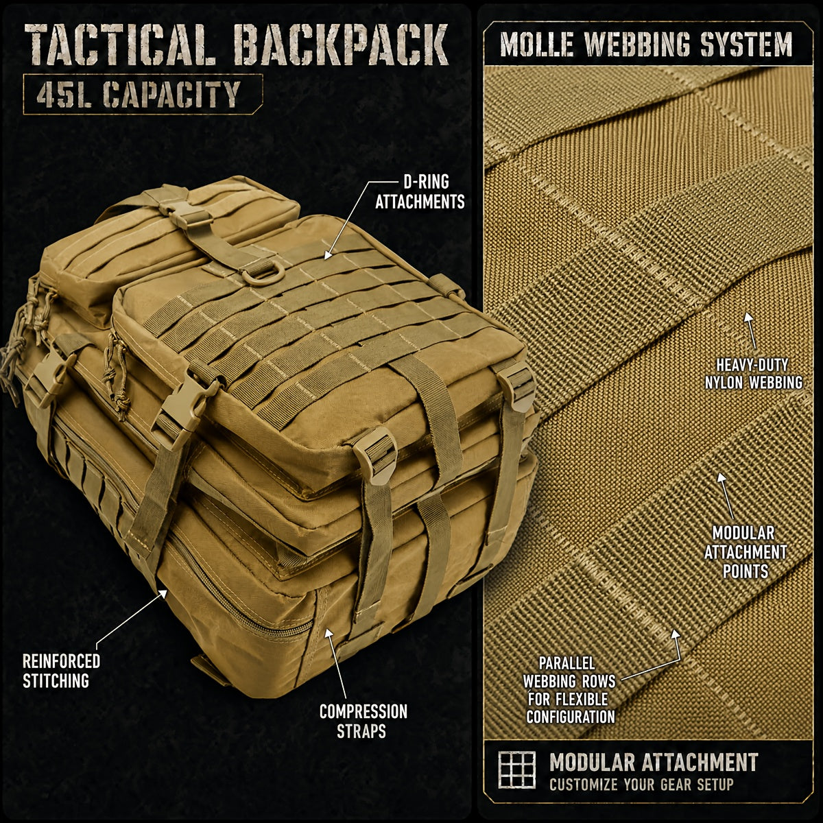 Sac à dos de randonnée tactique 45 L pour 3 jours – Sac multifonction pour le camping, le trekking et la chasse avec fermeture zippée, sac de sport durable pour hommes et femmes, noir, vert, kaki