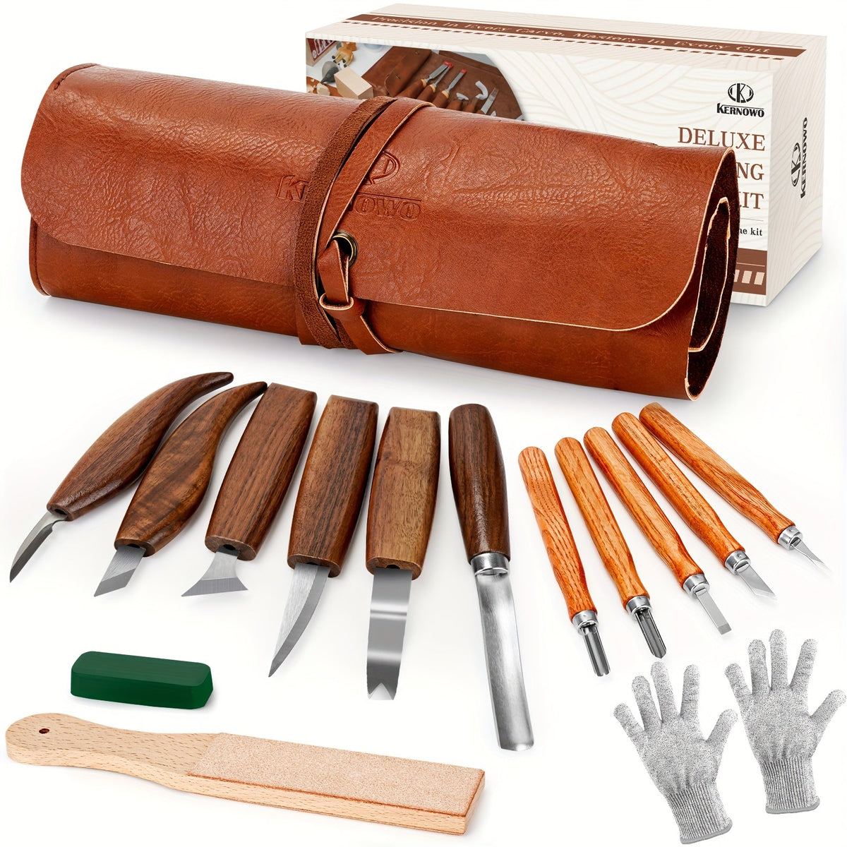 Ensemble de couteaux de sculpture sur bois, étui en polyuréthane, kit de 15 à 23 pièces, ciseau, couteau à crochet, couteau de précision, couteau géométrique, gants de sécurité, cuir à rasoir, bloc de tilleul, cadeau d'artisanat