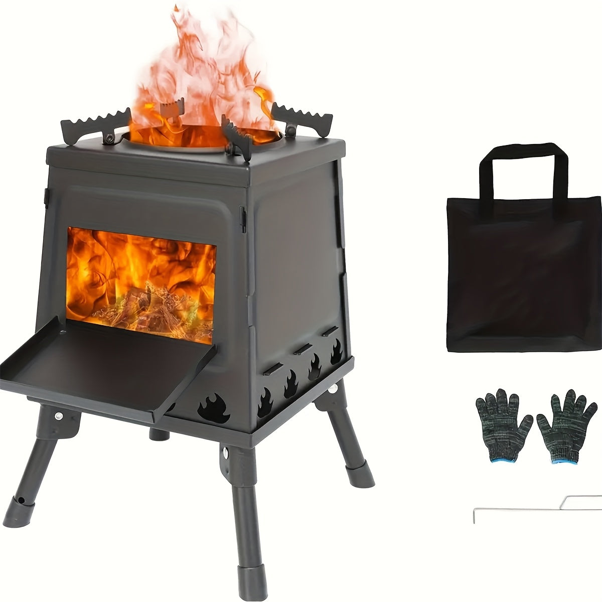Réchaud de camping portable à bois avec ciseaux barbecue - Poêle de randonnée léger et kit de grill de pique-nique pour le voyage et le camping