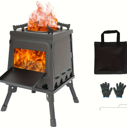 Réchaud de camping portable à bois avec ciseaux barbecue - Poêle de randonnée léger et kit de grill de pique-nique pour le voyage et le camping
