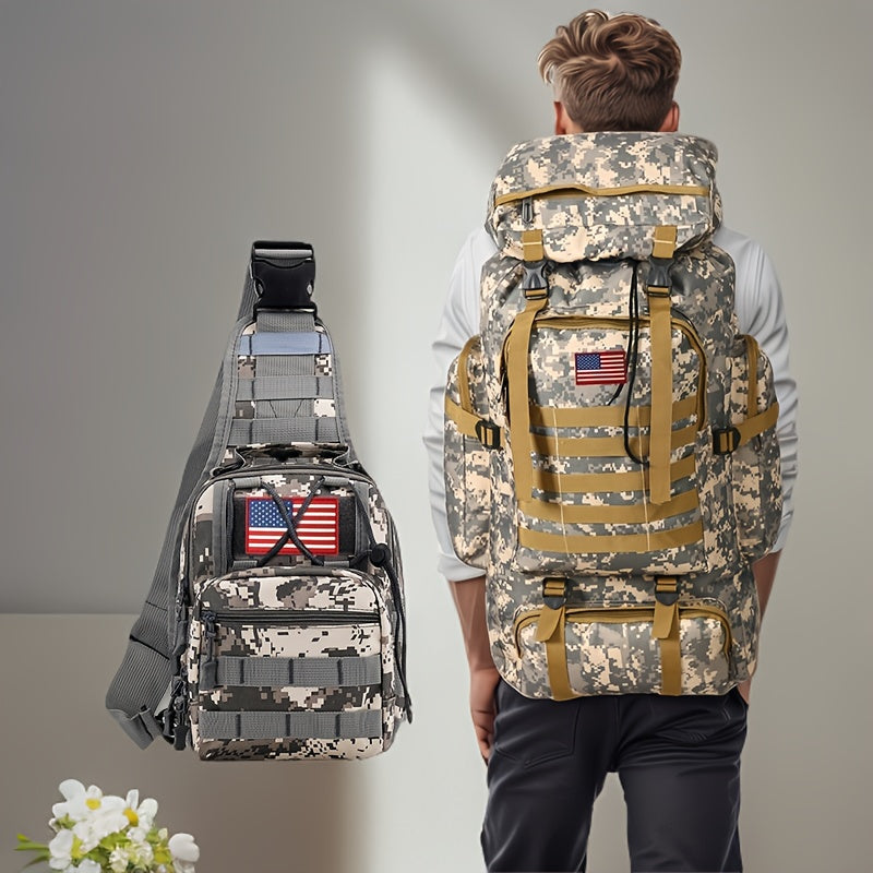 Ensemble tactique 2 pièces : Sac à dos et sac de poitrine - Sac d'assaut 80 L pour 3 jours pour homme, sac à dos militaire en polyester avec système MOLLE pour la randonnée, le camping, la chasse, les voyages et les sports de plein air