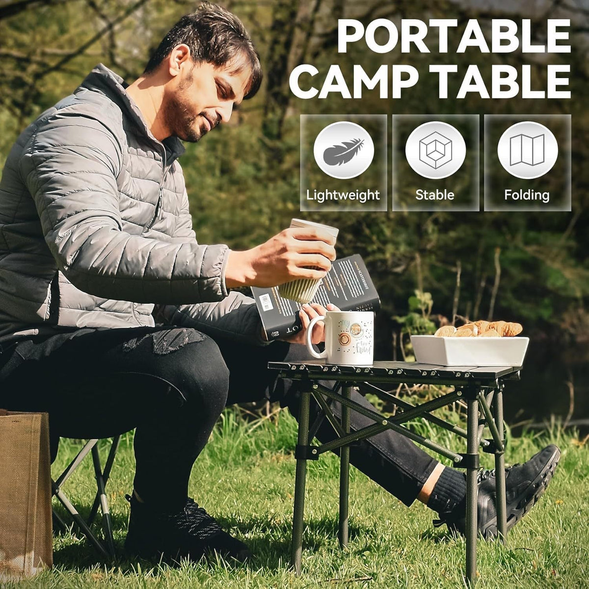 Table de camping pliante portable, table d'extérieur légère et rétractable avec sac de transport, pieds robustes, grande surface plane pour pique-nique, barbecue, plage, randonnée, hayon, design compact et durable, tailles L et XL