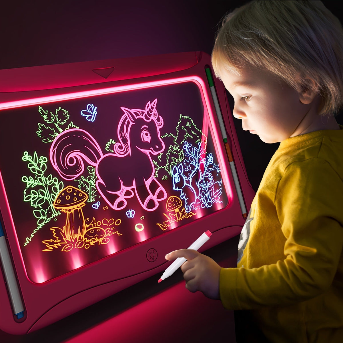 Tablette à dessin lumineuse LED pour enfants de 3 à 8 ans – Kit d’art phosphorescent avec 9 cartes recto-verso et 6 marqueurs, jouet éducatif de voyage, cadeau d'anniversaire et de Noël pour filles et garçons