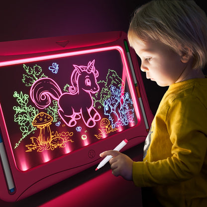Tablette à dessin lumineuse LED pour enfants de 3 à 8 ans – Kit d’art phosphorescent avec 9 cartes recto-verso et 6 marqueurs, jouet éducatif de voyage, cadeau d'anniversaire et de Noël pour filles et garçons