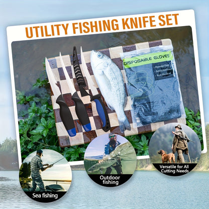 Ensemble de 3 couteaux de pêche avec lames en acier inoxydable, couteaux à fileter, désosser et vider avec gants résistants aux coupures, coupe-fil de pêche et cordon – Cadeau de pêche unique pour pêcheurs et campeurs