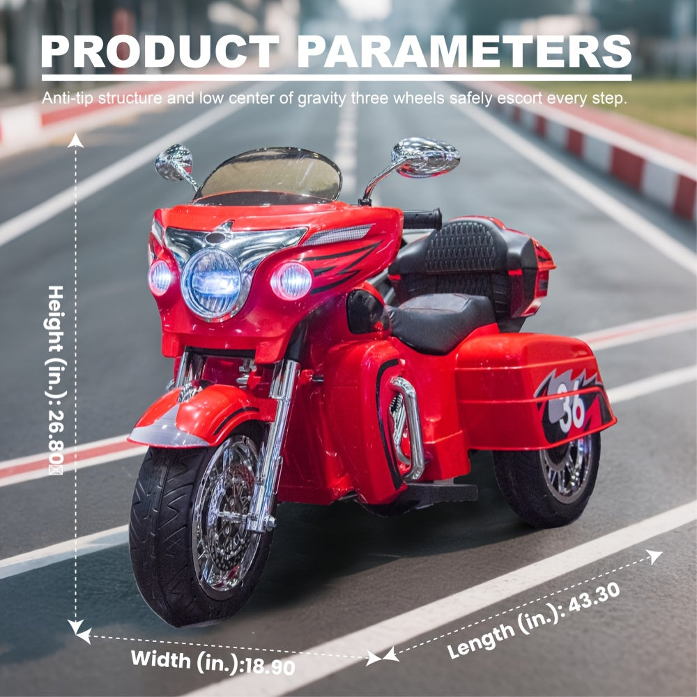 Moto électrique pour enfants 12V à 2 places avec 3 roues, Bluetooth, USB, lumières LED et coffre de rangement, sûre et durable, pour garçons et filles de 3 à 8 ans, cadeau d'anniversaire et de Noël, noir, blanc, rouge