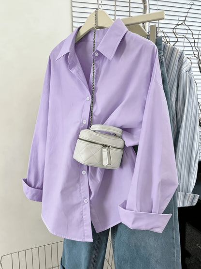 Women's Long Sleeve Button Down Shirts Solid Color Casual Loose Fit Blouse Tops for Women Classic Collar Office Work Shirt