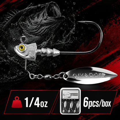 Underspin Jig Heads 6-Pack with 100% Brass Blade (Never Rust) - Bass & Saltwater Fishing Lures - 3/16oz 1/4oz 3/8oz 1/2oz Sizes Included
