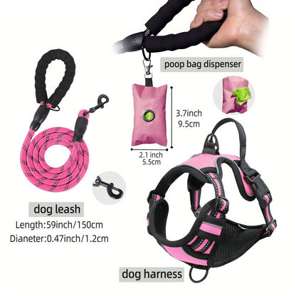Ensemble laisse, harnais et distributeur de sacs à déjections pour chien – Harnais gilet réglable, respirant et anti-fugue pour chiens de taille moyenne à grande avec bandes réfléchissantes – Kit de promenade anti-traction rembourré avec porte-sac intégré