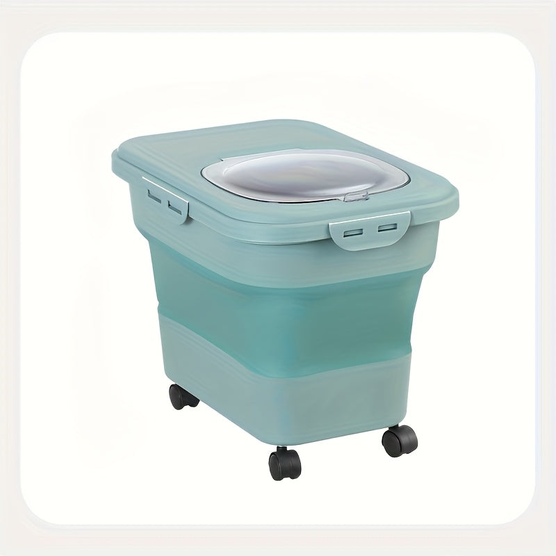 Grand contenant hermétique pour nourriture pour animaux avec roulettes – Bac scellé résistant à l'humidité et aux insectes avec tasse à mesurer et design pliable pour nourriture sèche pour chiens et chats, blanc cassé, vert, rose
