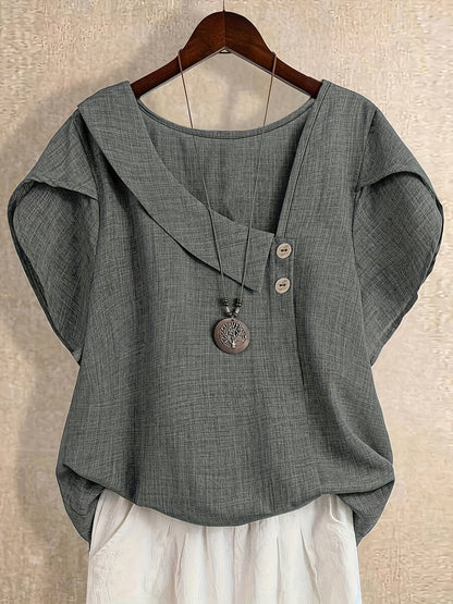 Women's Solid Color Asymmetric Neck Fashion Shirt Summer Tops Elegant Casual Blouse 100% Polyester S-XXL