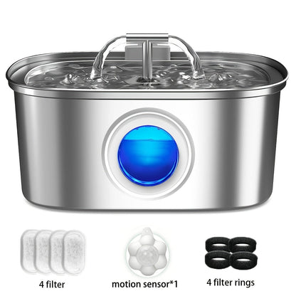 Pet Water Fountain 108oz Stainless Steel Smart Automatic - Silent Faucet Stream Dispenser with Transparent Window for Cats & Dogs, Optional Filters & Chip Sensor