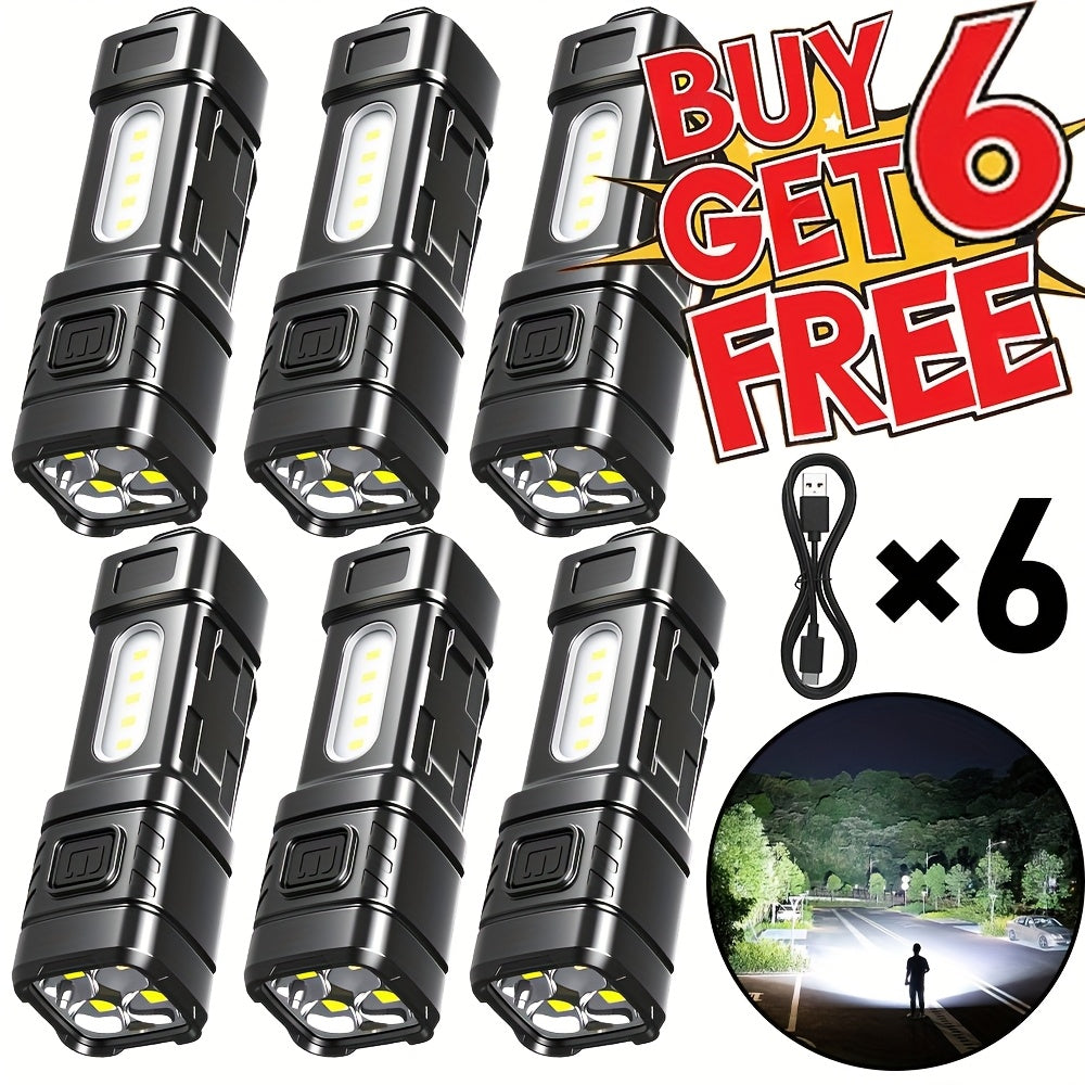 Mini lampe de poche LED rechargeable, lot de 3 ou 6, 2000 lumens, COB, 4 modes, charge USB-C, lampe de poche compacte avec clip arrière et batterie intégrée pour le camping, la randonnée, la chasse et les urgences