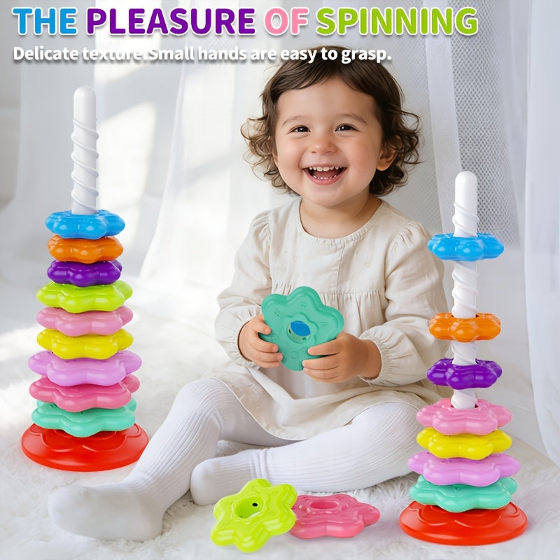 Tour à empiler rotative arc-en-ciel pour tout-petits – Jeu d'anneaux à empiler de 10 pièces pour la reconnaissance des couleurs et le développement cognitif | Jouet éducatif STEM multicolore pour enfants de 1 à 3 ans