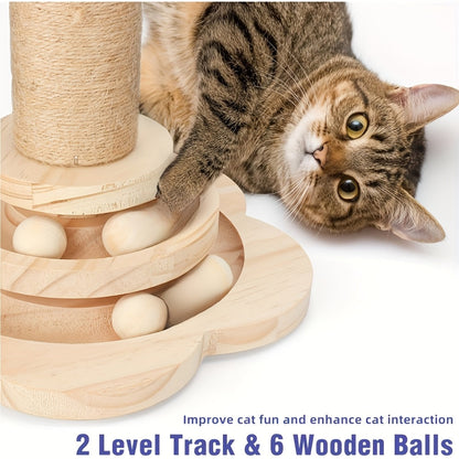 Arbre à chat en bois 5-en-1 avec griffoir pour chats d'intérieur, poteau en sisal, circuit à balles sur 2 niveaux, jouet interactif à plumes et balles suspendues, mobilier pour chatons et chats adultes