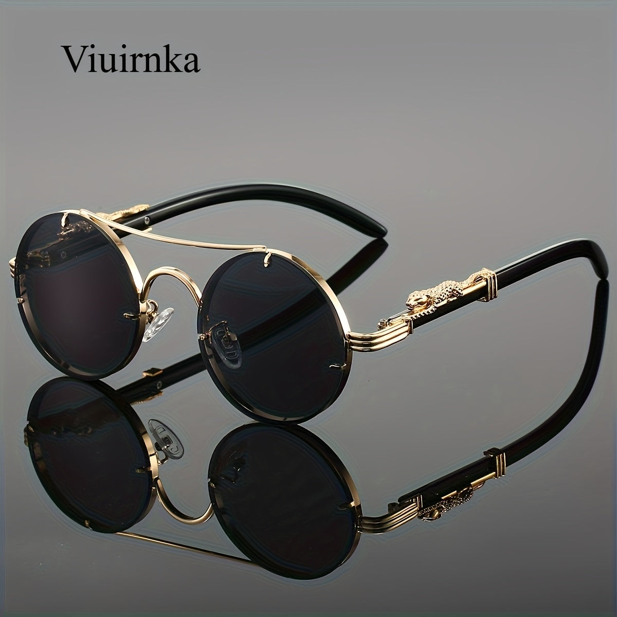 Lunettes de soleil rondes à monture en métal avec verres dégradés pour hommes et femmes – Luxe, double pont, détails léopard sur les charnières, verres en polycarbonate dégradés, étui inclus, style chic pour les vacances et la ville