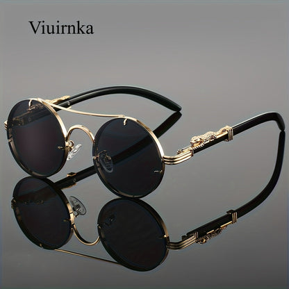 Lunettes de soleil rondes à monture en métal avec verres dégradés pour hommes et femmes – Luxe, double pont, détails léopard sur les charnières, verres en polycarbonate dégradés, étui inclus, style chic pour les vacances et la ville