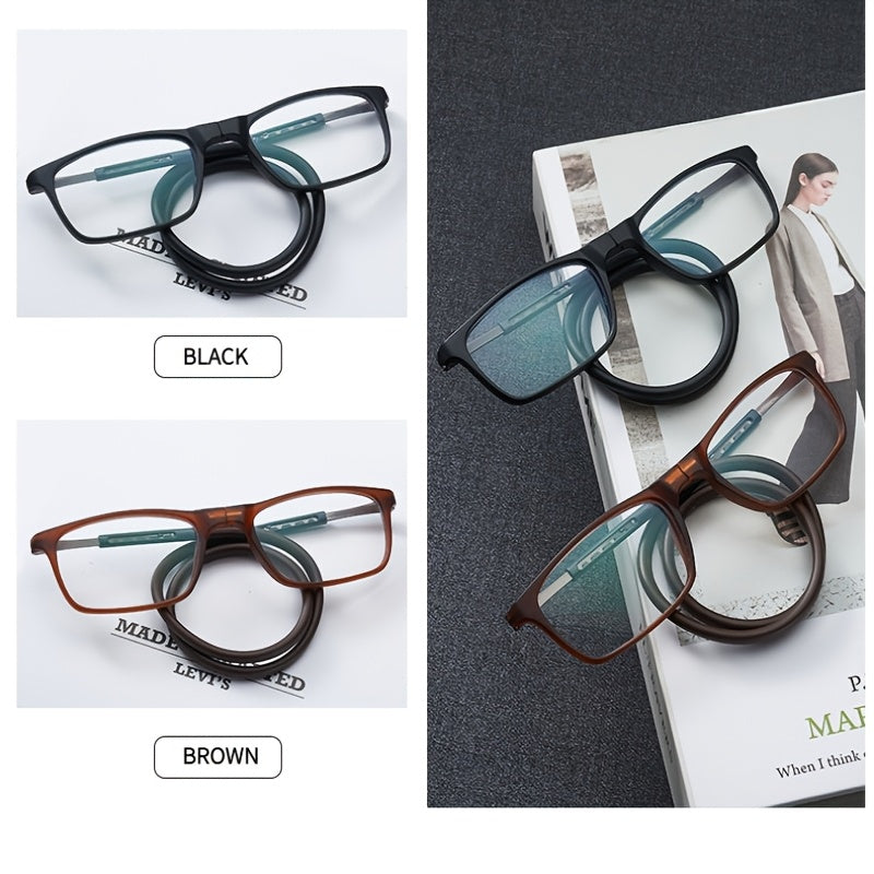 4 paires de lunettes de lecture magnétiques pliables à suspendre au cou pour hommes et femmes – Monture presbyte rétro carrée ultralégère, design télescopique anti-chute portable, puissances de +1,0 à +4,0 pour le port quotidien au bureau