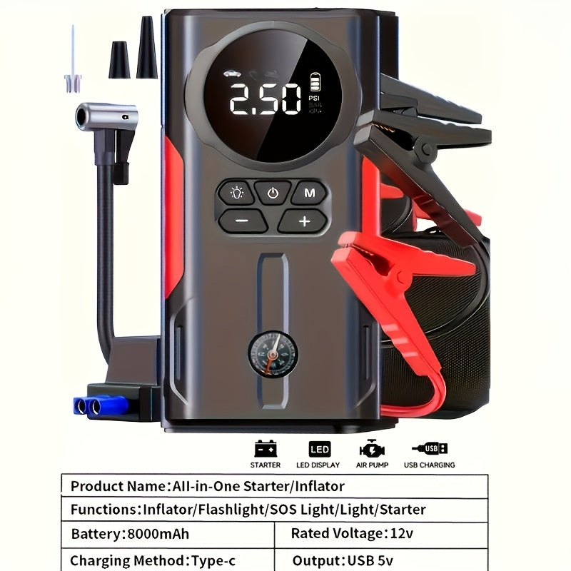 Démarreur de voiture portable 7-en-1 10000mAh – Batterie de secours multifonction avec lampe d'urgence LED pour moteurs essence (10 L) et diesel (9 L), kit d'outils d'urgence pour voiture