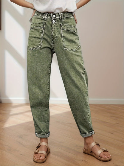 Jean droit stretch taille mi-haute pour femme - Vert olive, braguette à boutons, poches latérales, passants de ceinture, jean baggy stretch 4 directions mode urbaine pour tenue décontractée ou semi-formelle toutes saisons, lavable en machine