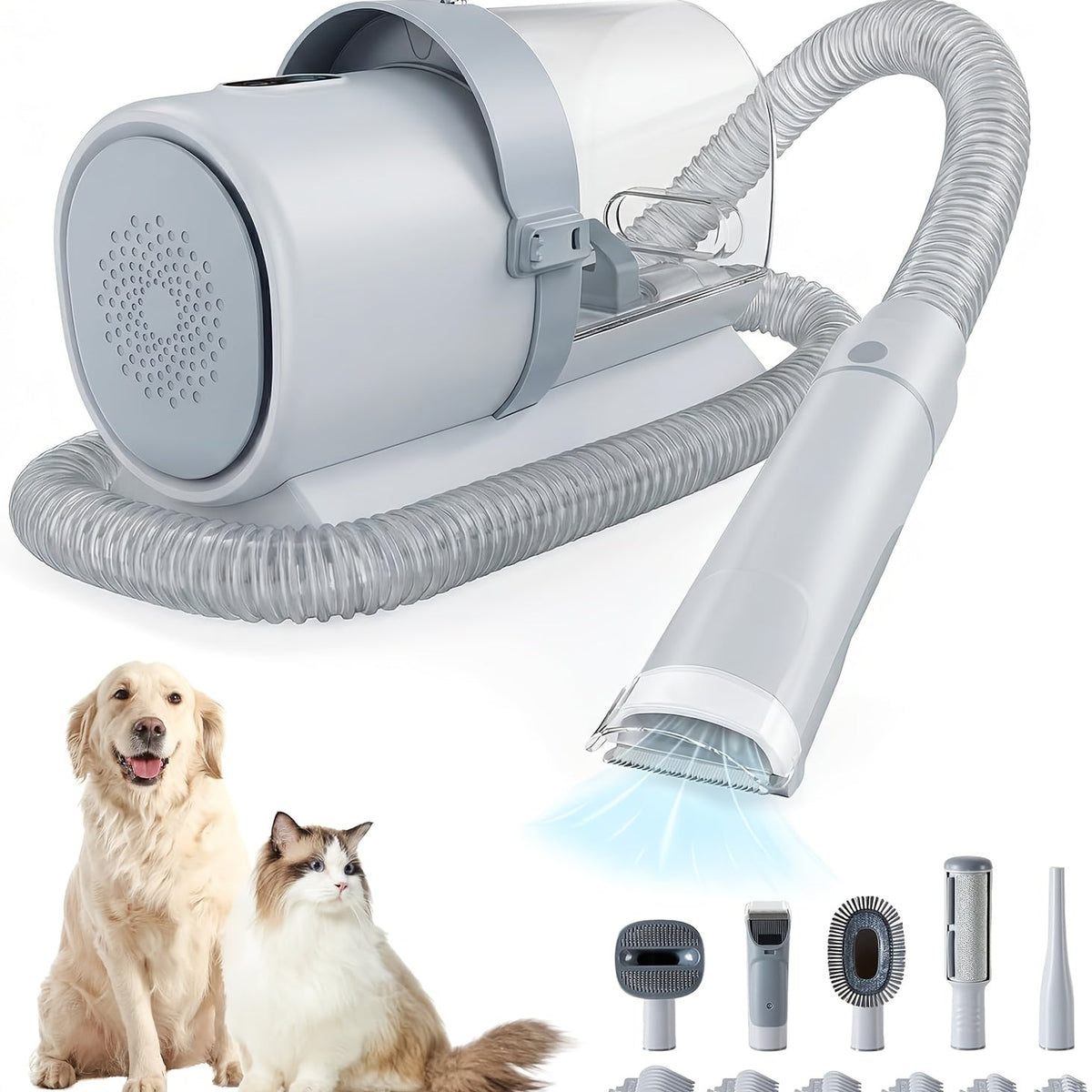 5-in-1 Pet Grooming Vacuum Kit with 99% Hair Suction – Professional Dog & Cat Clippers with 6 Guide Combs, Powerful Low-Noise Grooming Vacuum for Dogs Cats & All Pets, White Grey Blue